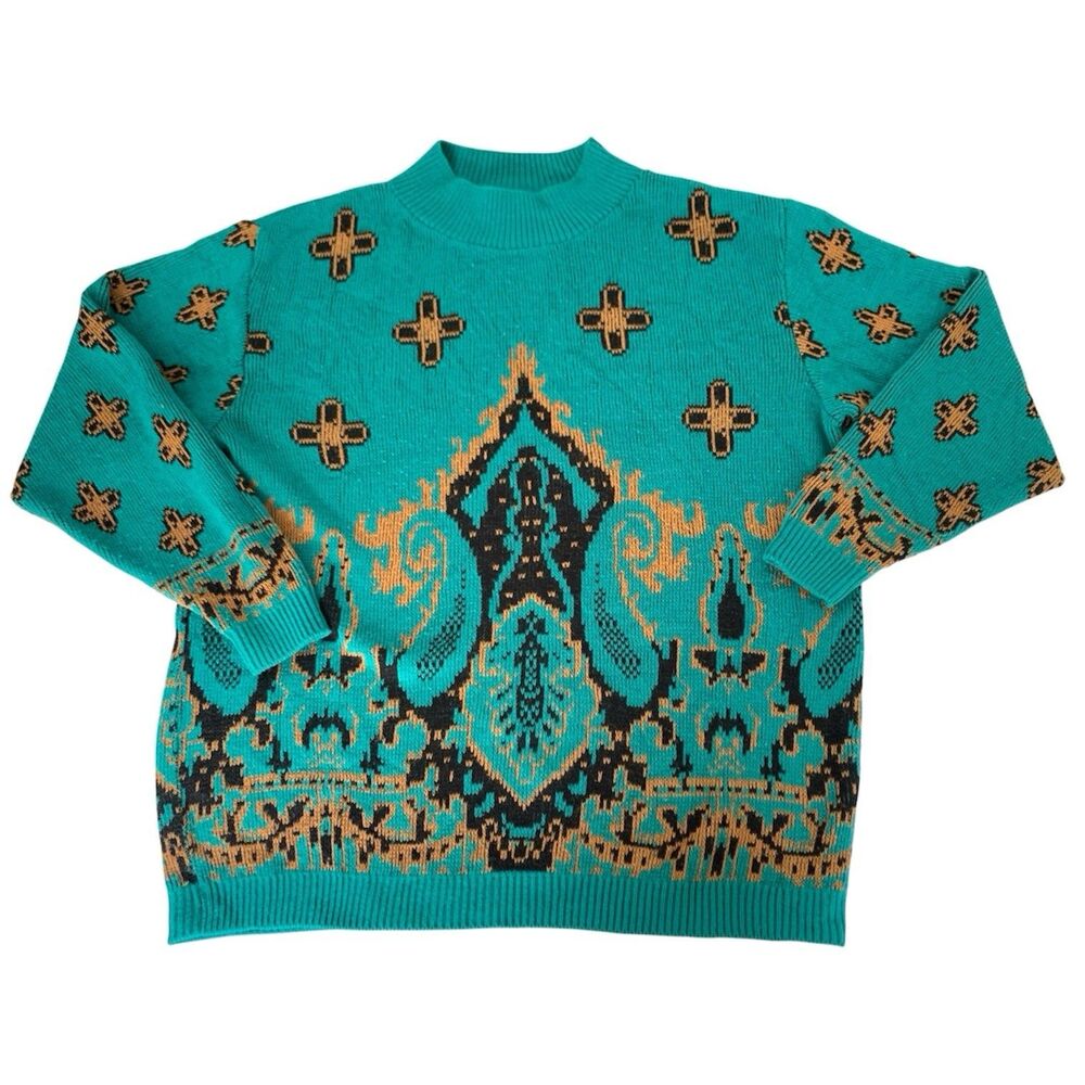 VTG 90s Sweater Women M Teal Black Mock Neck Classy Glam Glamma Grandma Mom Boho